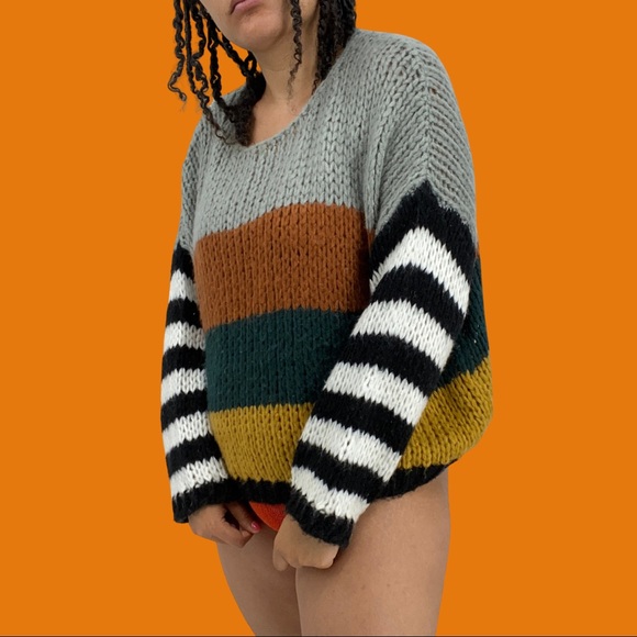 Vintage Sweaters - Vintage Stripped Knit Crew Neck Long Sleeve Acrylic Sweater